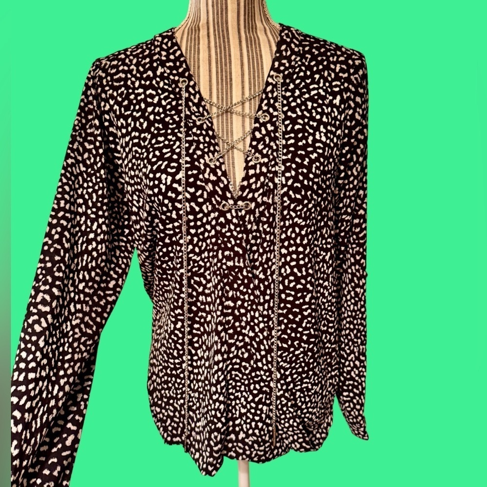 Michael Kors Black and White Animal Print Wrap Blouse
